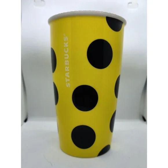 Starbucks‎ 2015 Ceramic Yellow & Black Polka Dot Coffee Mug Tumbler 12 oz no lid - Picture 2 of 4